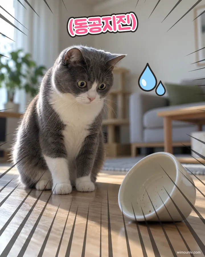 엎어진 빈 밥그릇을 내려다보는 고양이 사진에 집중선·땀방울과 함께 넣은 효과 자막: “(동공지진)”