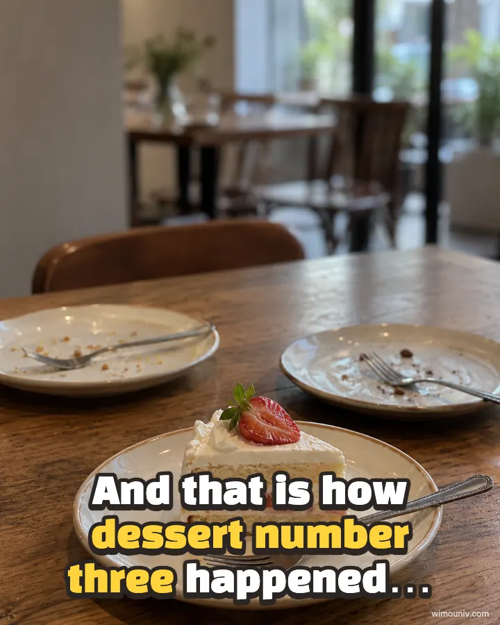 Reality show caption on a cafe photo of two empty plates and a third slice of cake: “And that is how dessert number three happened…”