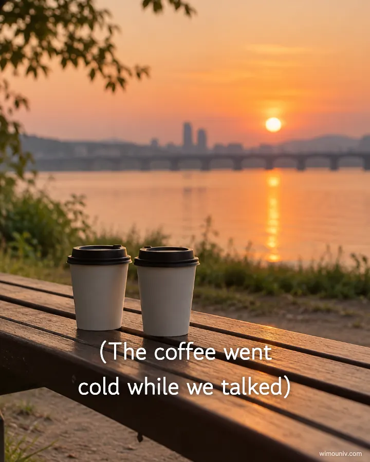 Dating show caption on a photo of two coffee cups left on a riverside bench at sunset: “(The coffee went cold while we talked)”
