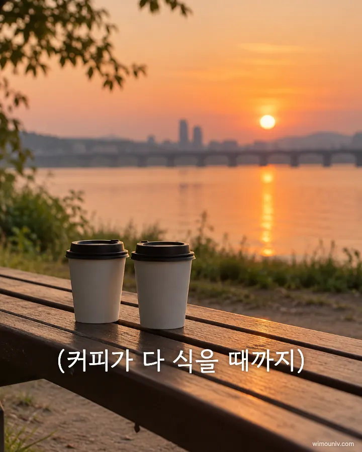 노을 지는 강가 벤치에 커피 두 잔만 남은 사진에 넣은 연애 예능 속마음 자막: “(커피가 다 식을 때까지)”