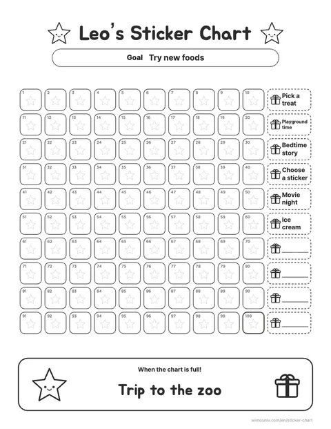 100-square reward sticker chart printable example (Coloring theme)