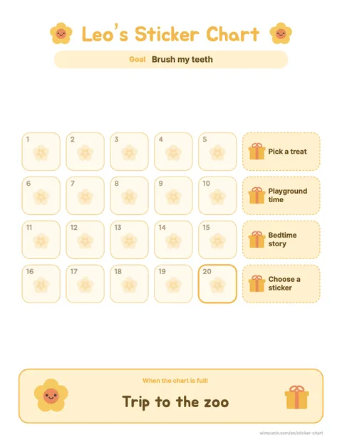 20-square reward sticker chart printable example (Flower theme)