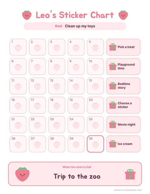 30-square reward sticker chart printable example (Strawberry theme)