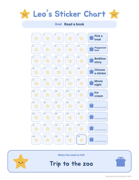50-square reward sticker chart printable example (Star theme)