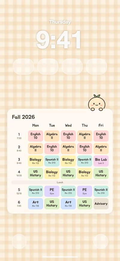 Class schedule wallpaper for iPhone with the timetable below the lock screen clock